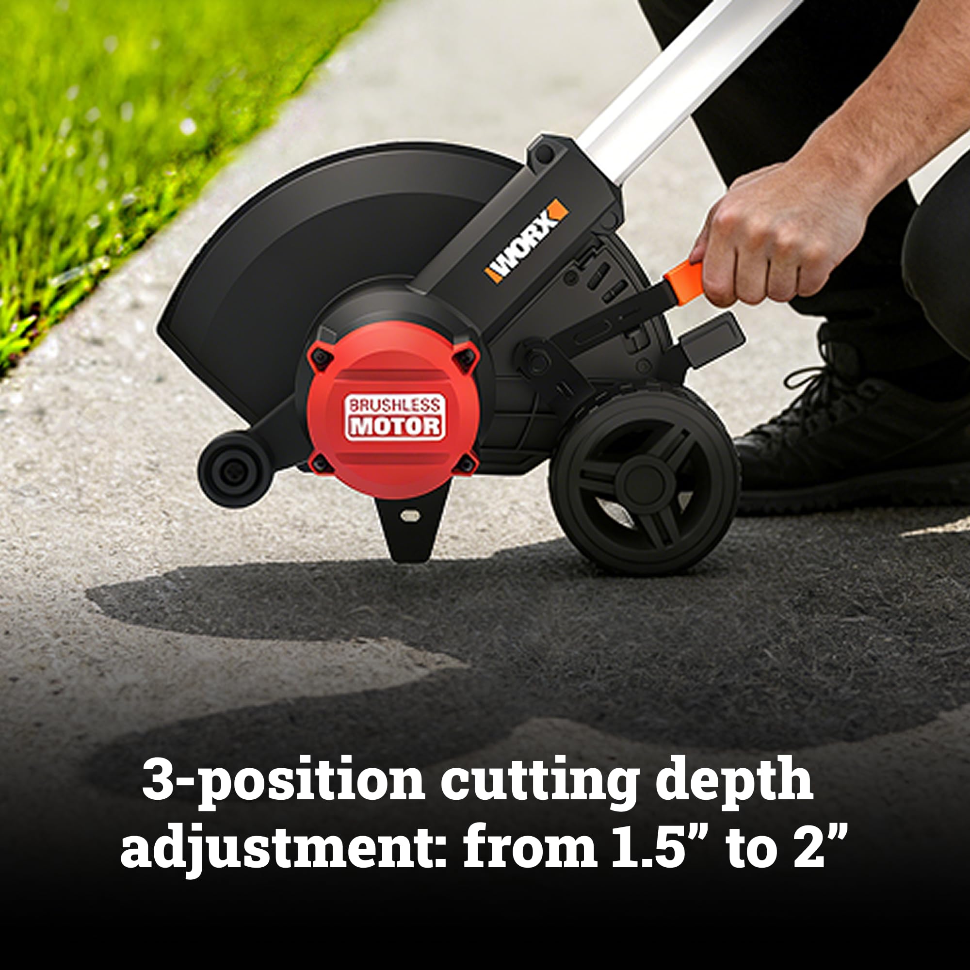 WORX edging concrete sidewalk in use creating crisp lawn borders