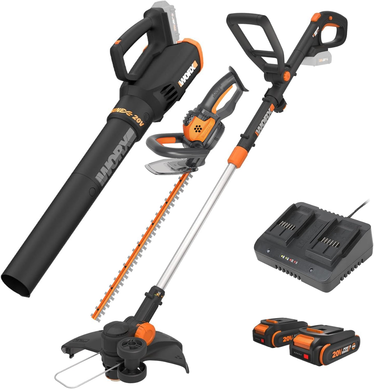 WORX front view of whole kit showing versatile yard tools and organized storage benefit