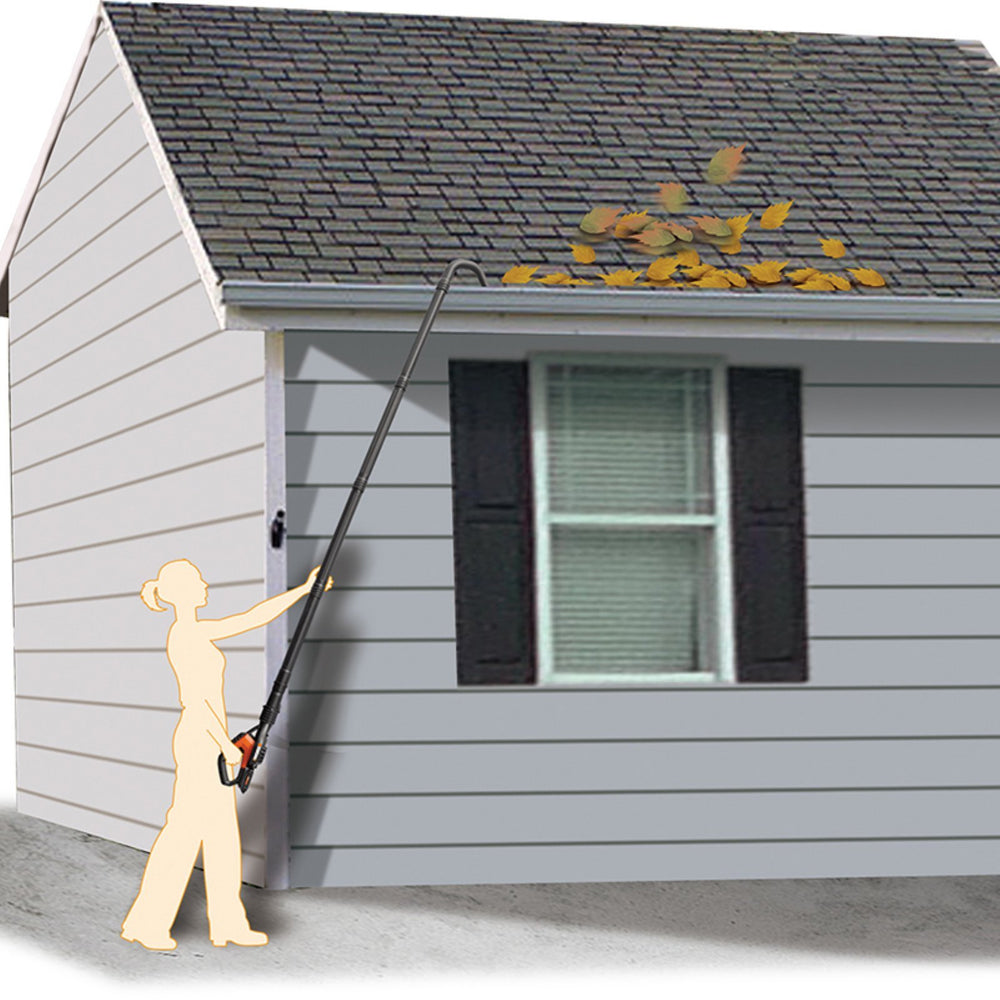 WORX gutter kit attached to blower in use clearing leaves from gutter