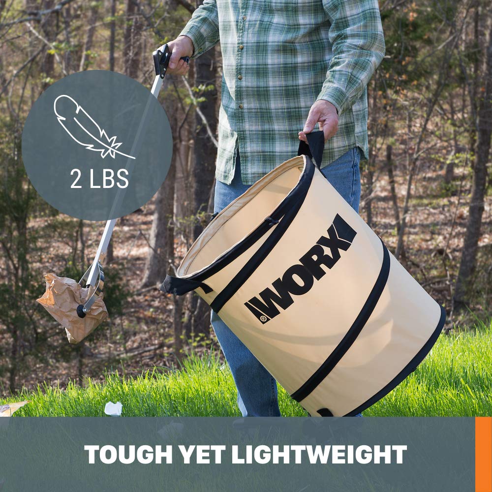 WORX side handles shown during tipping to demonstrate easy emptying