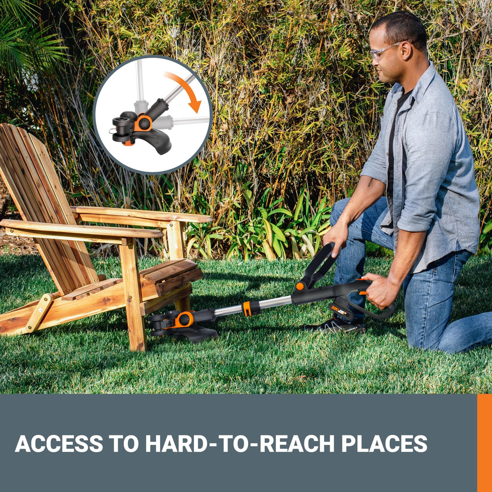 WORX hedge trimmer blades close-up showing dual-action cutting for cleaner trims benefit