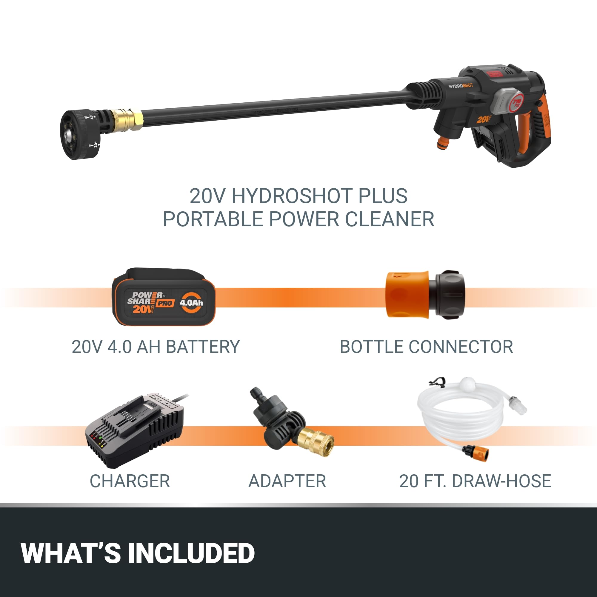 WORX Hydroshot Plus connected to a bucket via 20 ft. draw hose for remote use