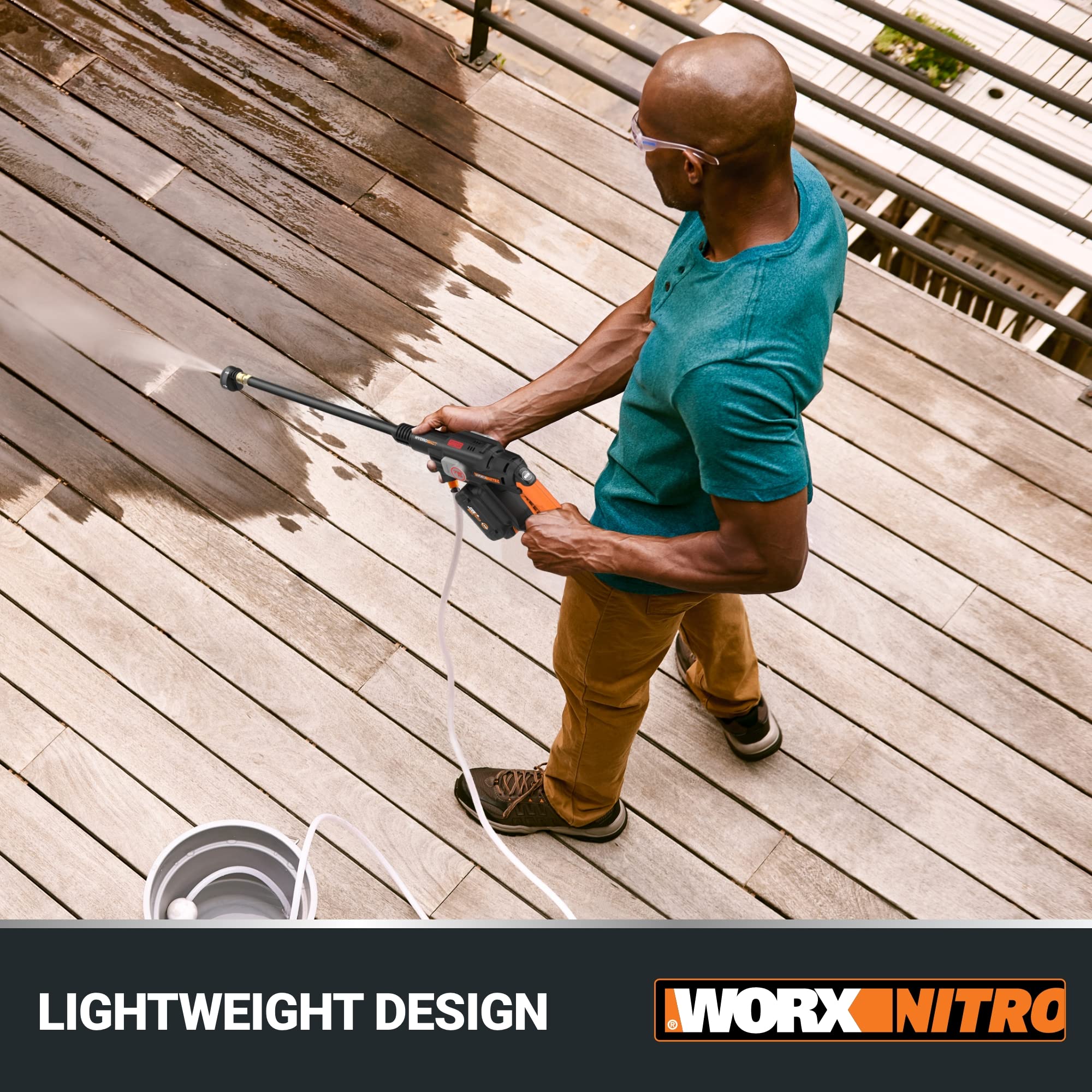 WORX Hydroshot Plus cleaning a boat deck in outdoor lifestyle setting