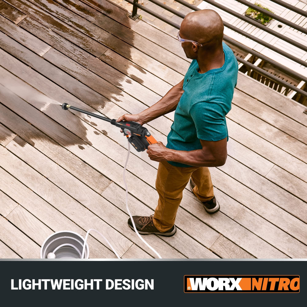 WORX Hydroshot Plus cleaning a boat deck in outdoor lifestyle setting