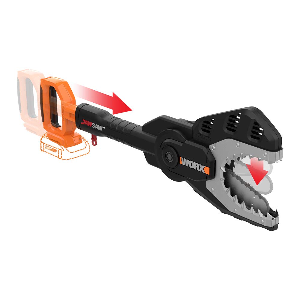 WORX JawSaw front view showing compact saw and ergonomic grip benefit