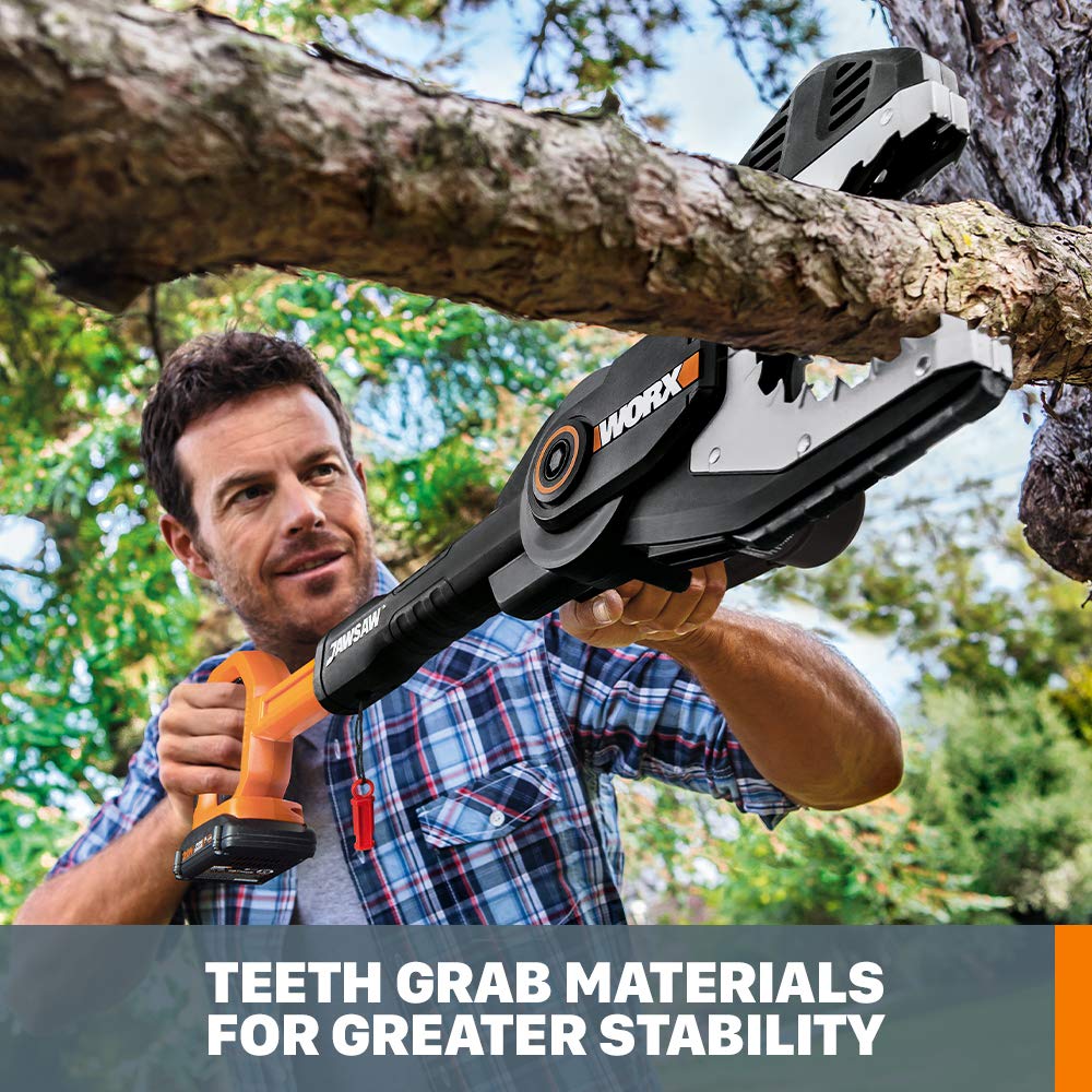 WORX JawSaw beside a branch showing 4-inch cutting capacity benefit