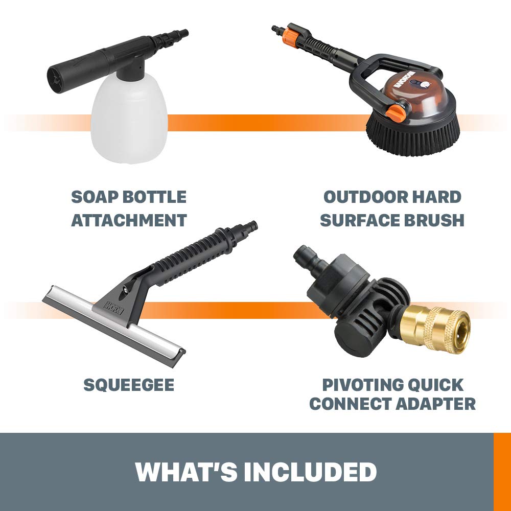 WORX kit in use cleaning a wooden deck faster with scrubber and soap attachment