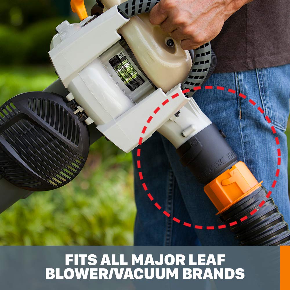 WORX system in use directing leaves into large trash can for fewer trips