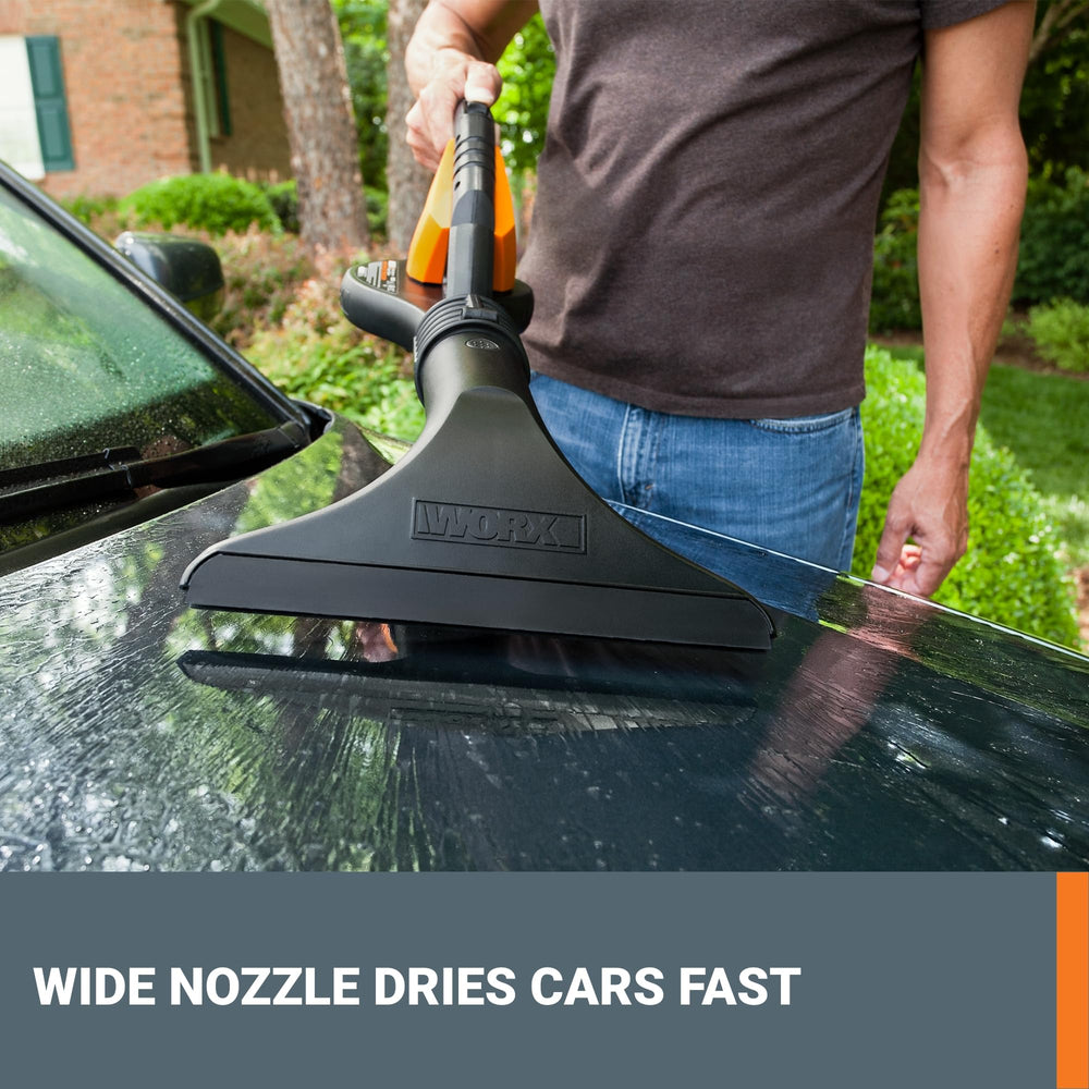 WORX blower clearing leaves in backyard to speed outdoor cleanup tasks
