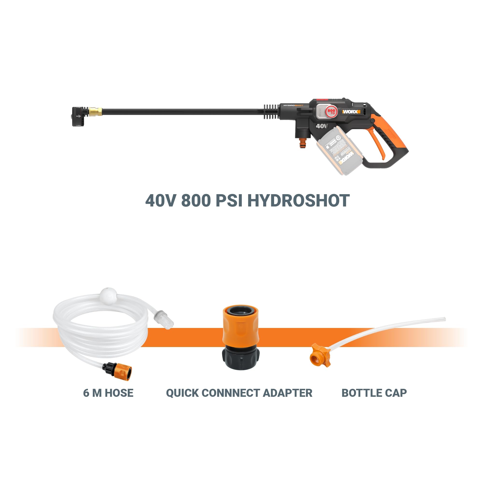 WORX long lance and 5-in-1 nozzle detail for versatile spray patterns