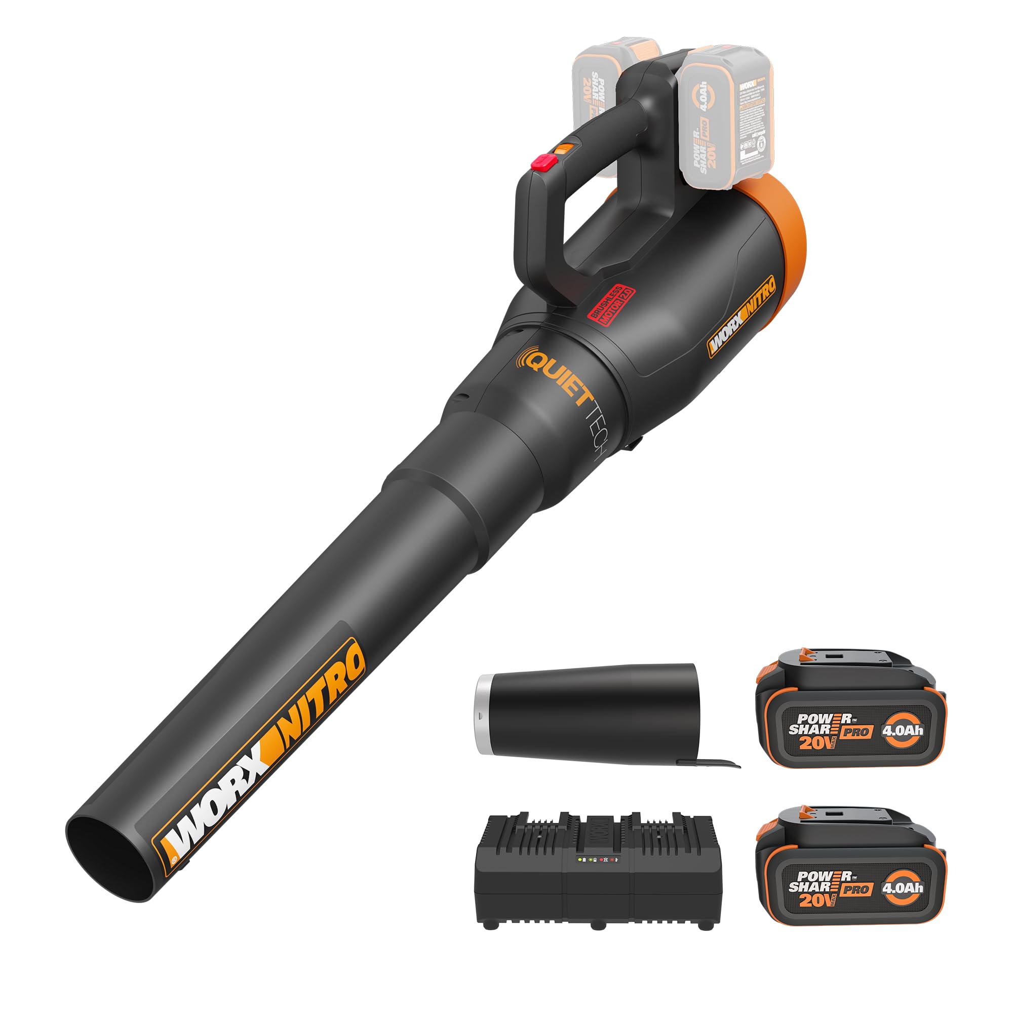 WORX Nitro front profile showing blower shape and nozzle, improved handling benefit