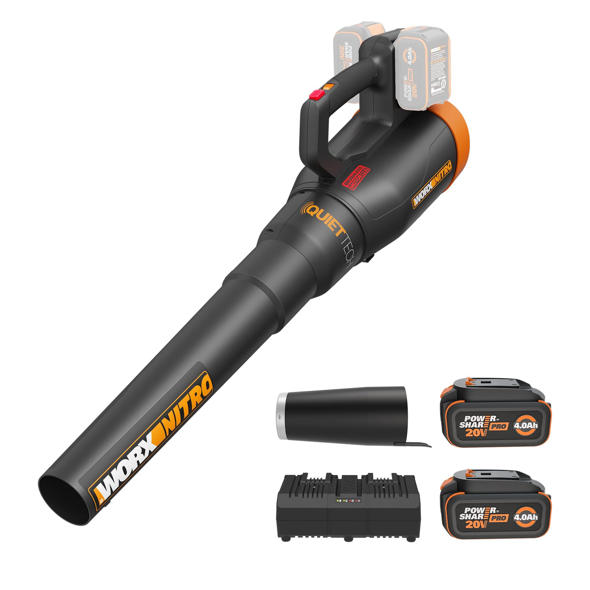 WORX Nitro front profile showing blower shape and nozzle, improved handling benefit