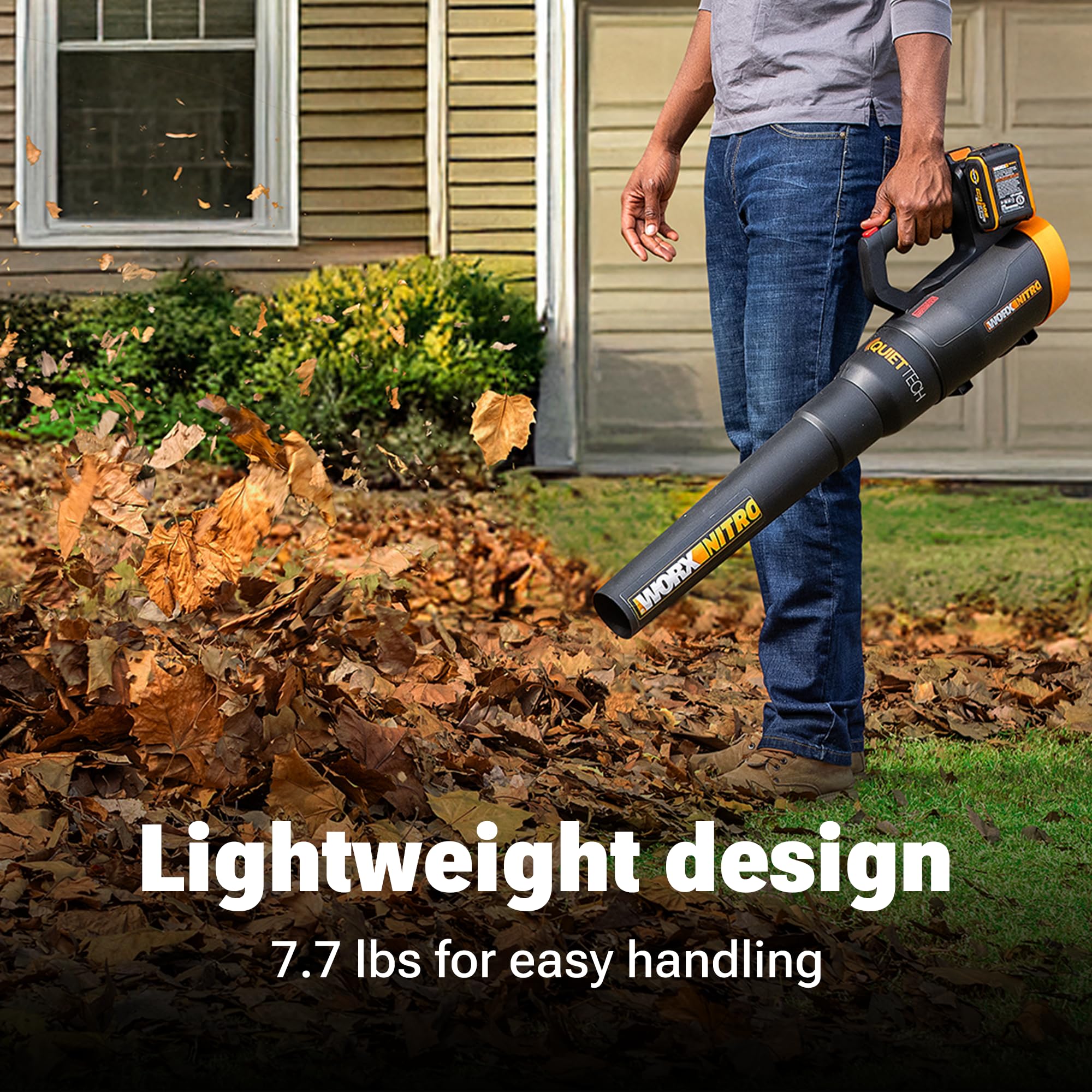 WORX Nitro in use on driveway clearing leaves with strong airflow benefit