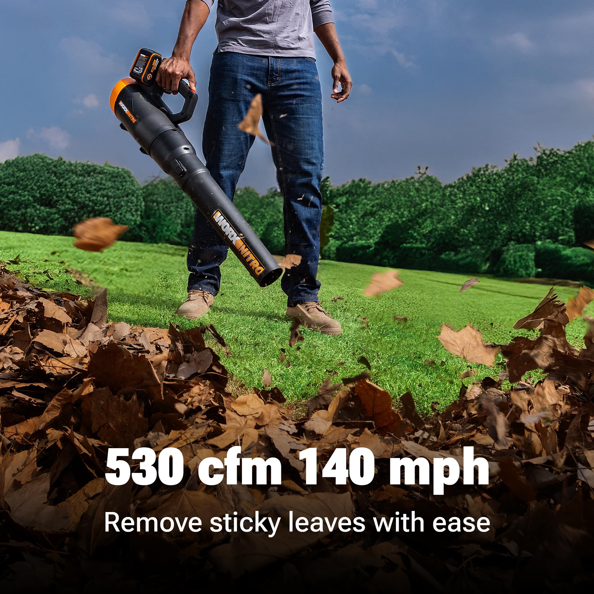 WORX Nitro in use clearing leaves from a lawn demonstrating fast cleanup efficiency