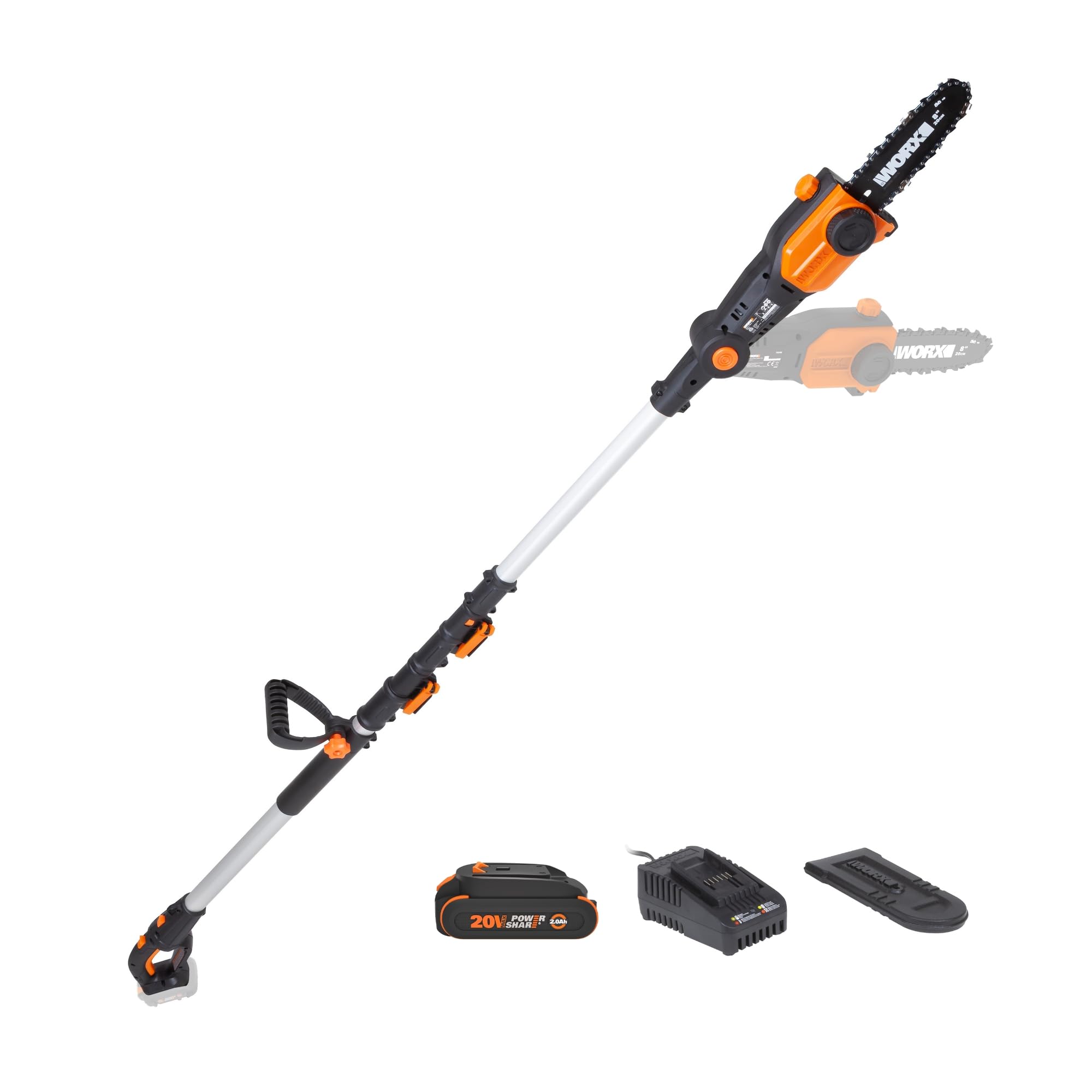 WORX pole saw front view showing compact design and reach benefit