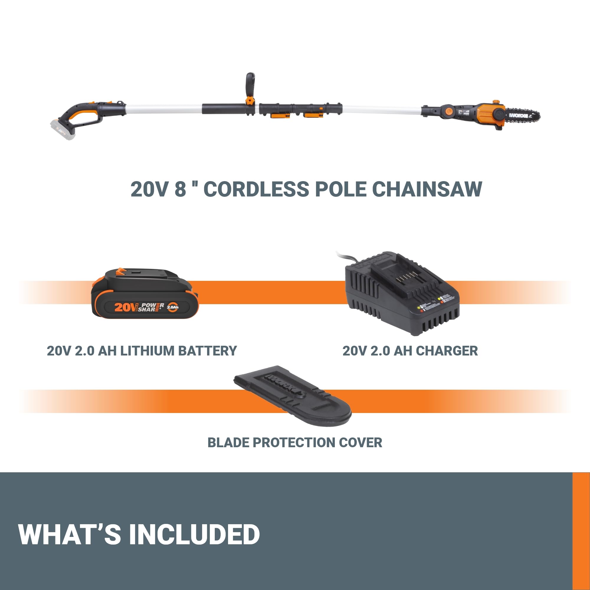 WORX pole saw with battery and accessories illustrating PowerShare compatibility