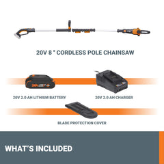 WORX pole saw with battery and accessories illustrating PowerShare compatibility
