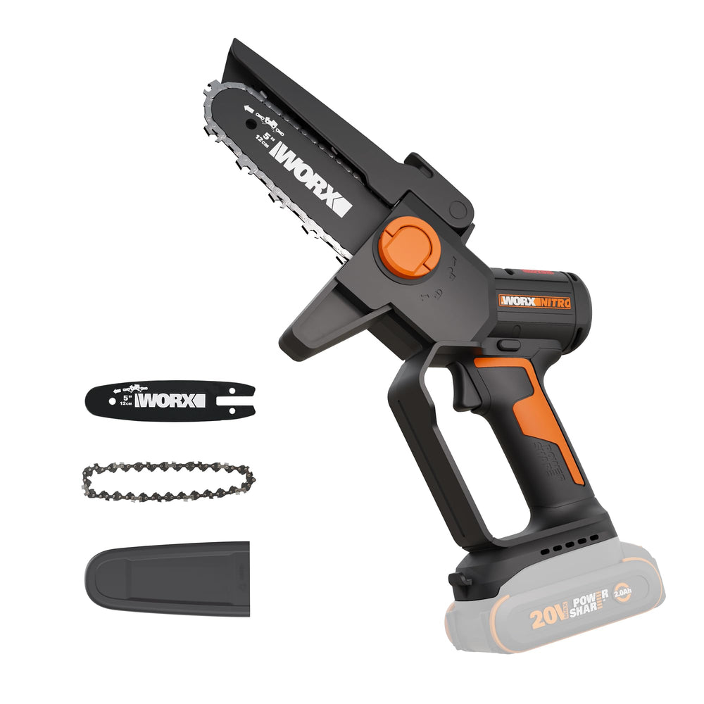 WORX pruning saw front angle showing compact design and control