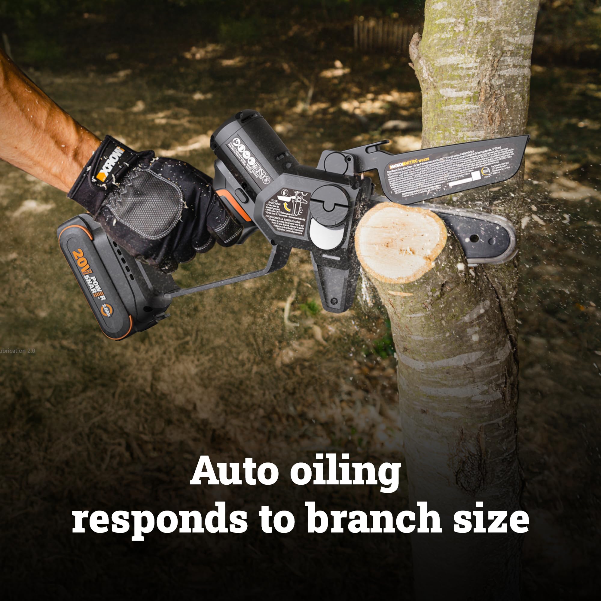 WORX pruning saw in hand demonstrating lightweight maneuverability