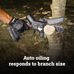 WORX pruning saw in hand demonstrating lightweight maneuverability