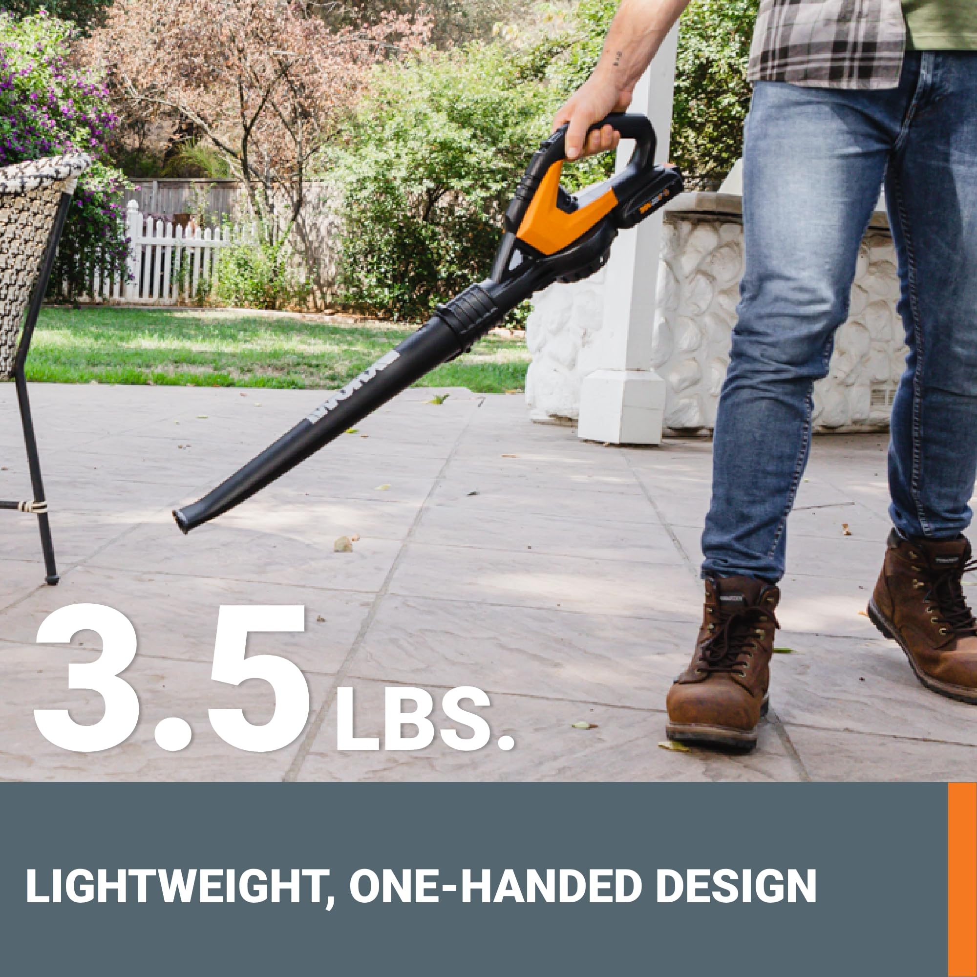 WORX blower held in hand to show lightweight 3.5 lb portability benefit