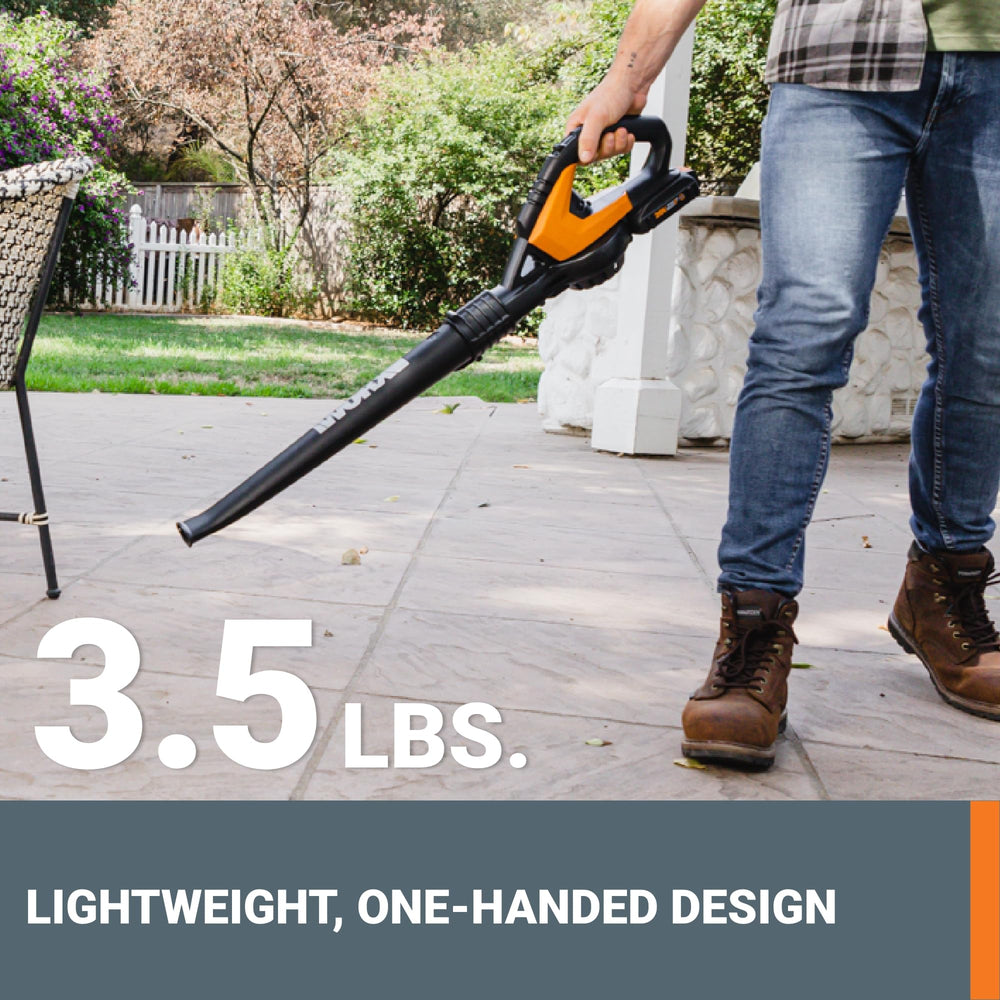 WORX blower held in hand to show lightweight 3.5 lb portability benefit