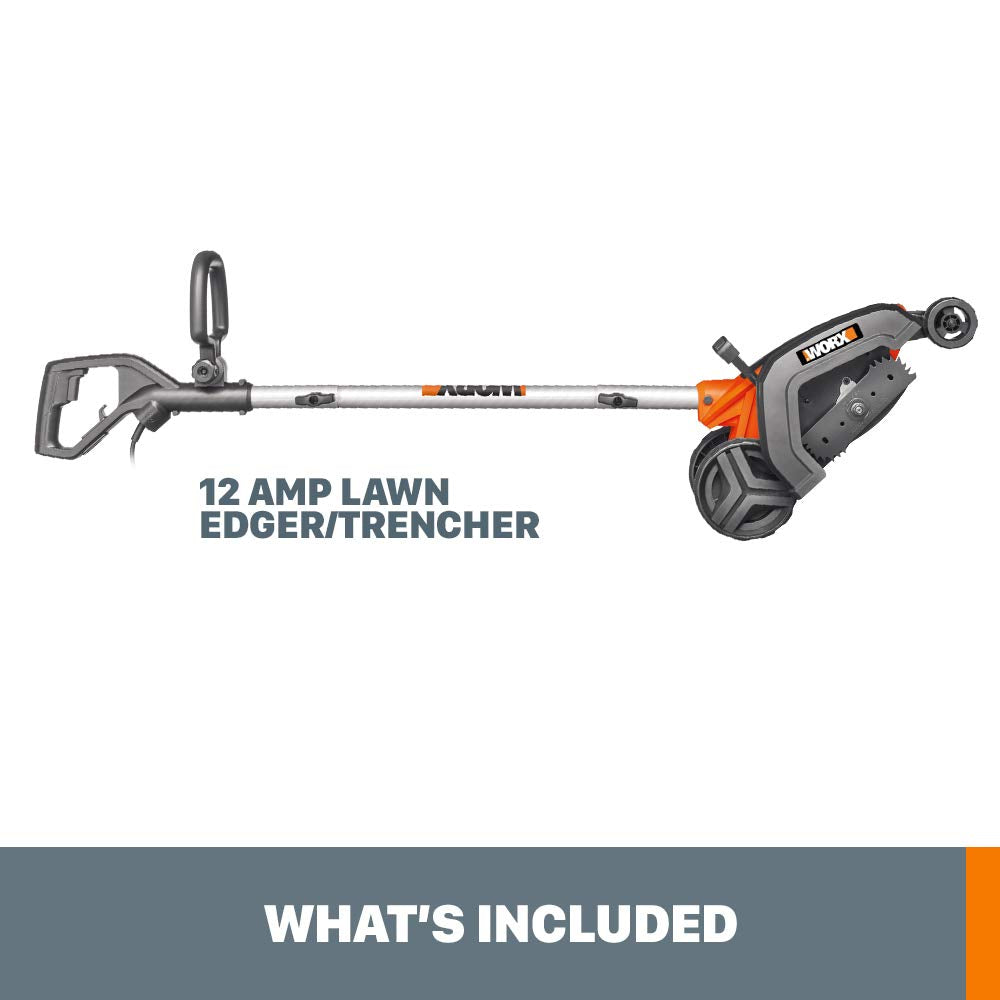 WORX edger beside person to show lightweight portability and scale