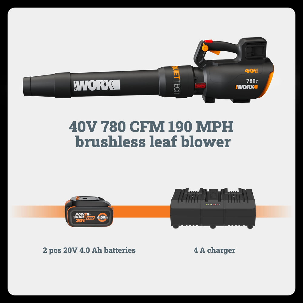 WORX blower next to garden rake showing compact size and superior clearing power