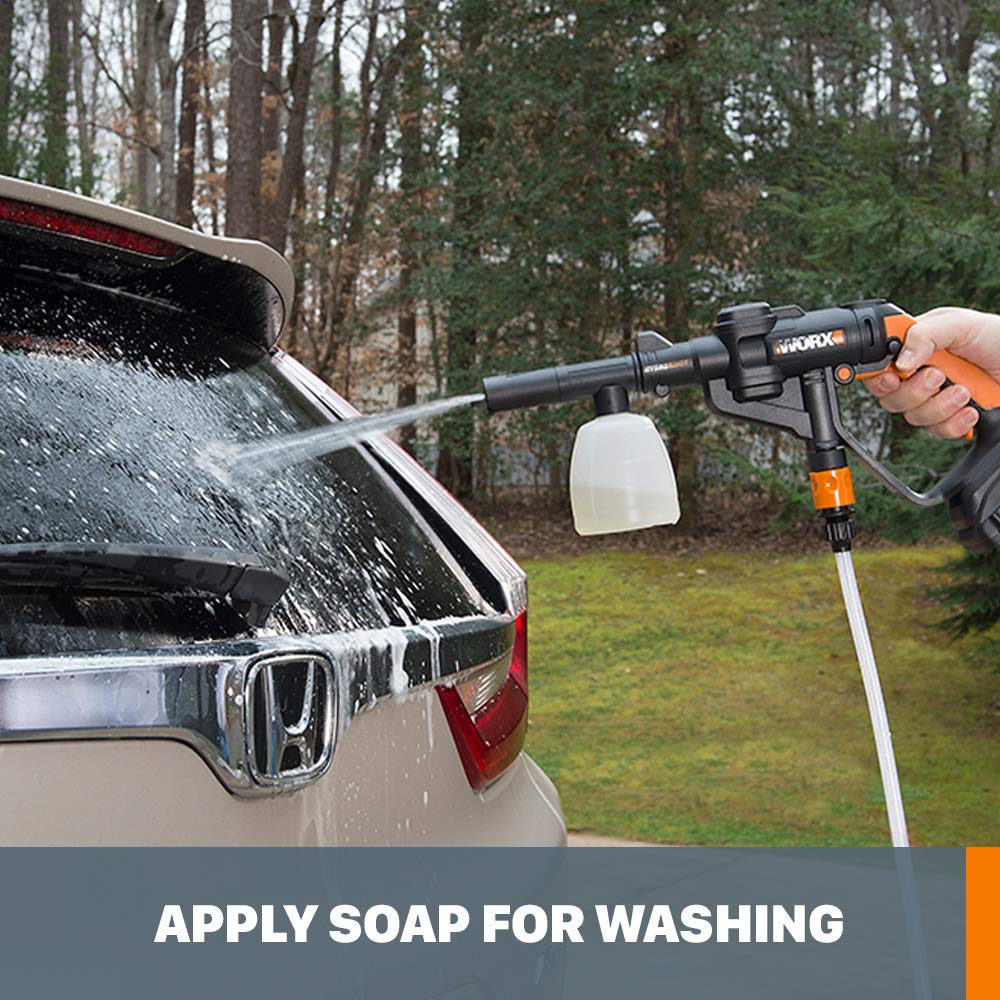 WORX soap dispenser attachment adding detergent directly to Hydroshot spray for better results