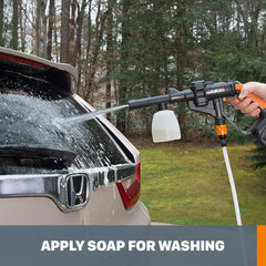 WORX soap dispenser attachment adding detergent directly to Hydroshot spray for better results