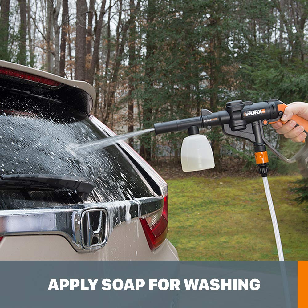 WORX dispenser in use washing a car delivering suds for improved cleaning