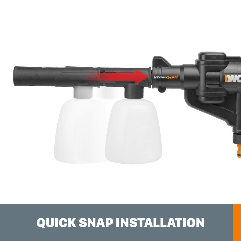 WORX soap bottle held in hand for size and lightweight one-handed operation