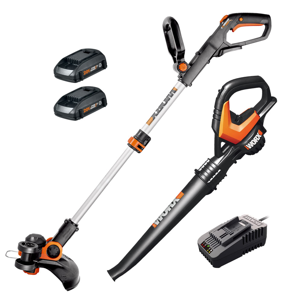 WORX WG916 front view showing trimmer and blower with batteries and accessories for effortless yard cleanup