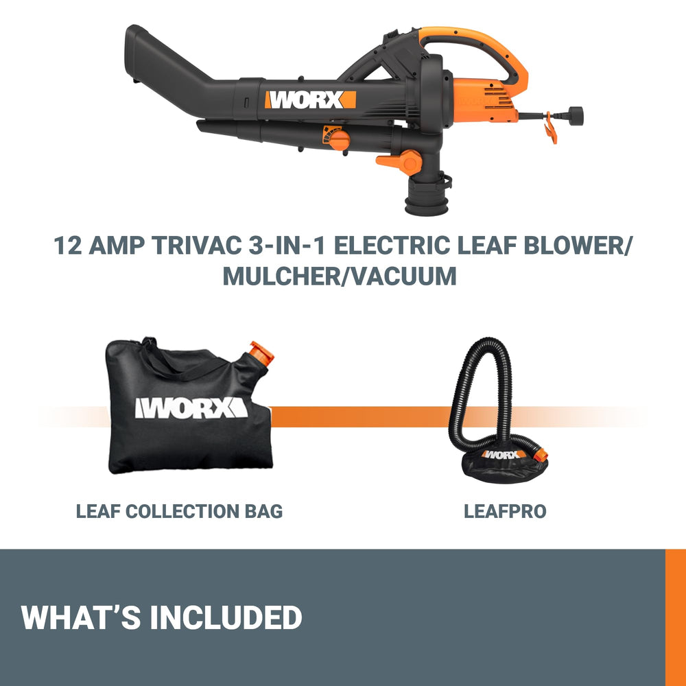 WORX Trivac next to accessories and bag to show scale and included parts
