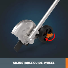 WORX guide wheel detail showing adjustable height for steadier cuts