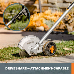 WORX attachment mounted on trimmer trimming sidewalk edge for control