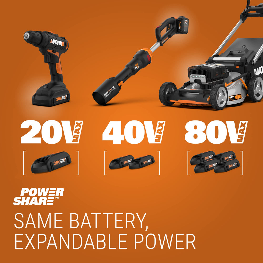 WORX WG162 collapsed with battery beside ruler showing compact storage benefit