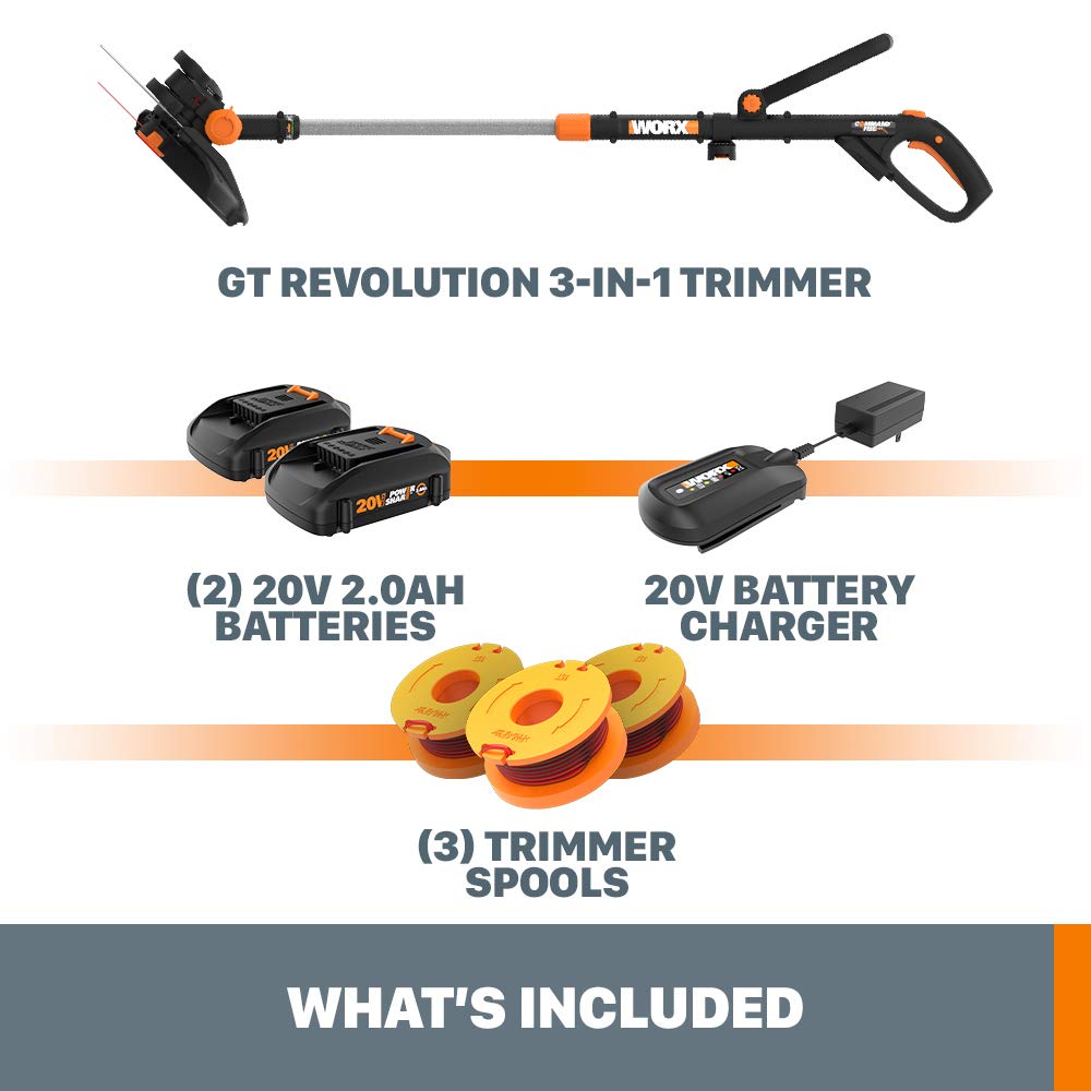 WORX WG170 close-up of rotating head and command-feed button for quick line advances