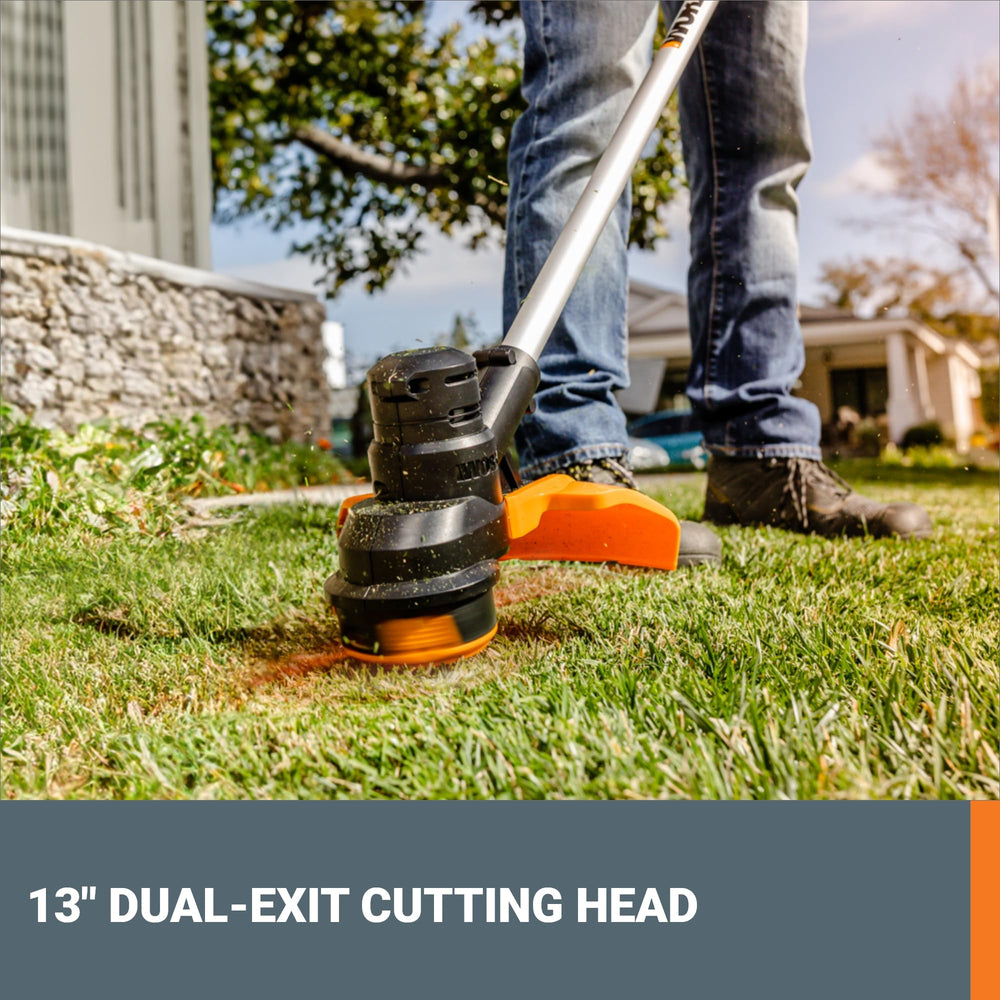 WORX cutting head closeup showing dual-exit design for faster trimming