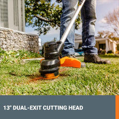 WORX cutting head closeup showing dual-exit design for faster trimming