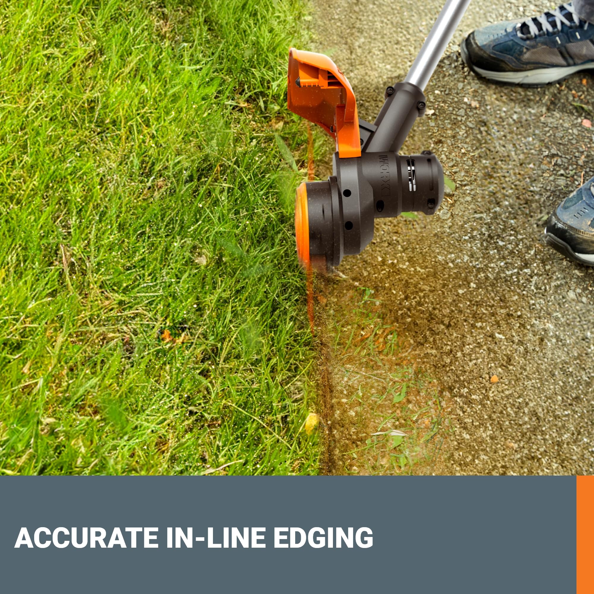 WORX trimmer in use edging along a sidewalk for precise lawn edges