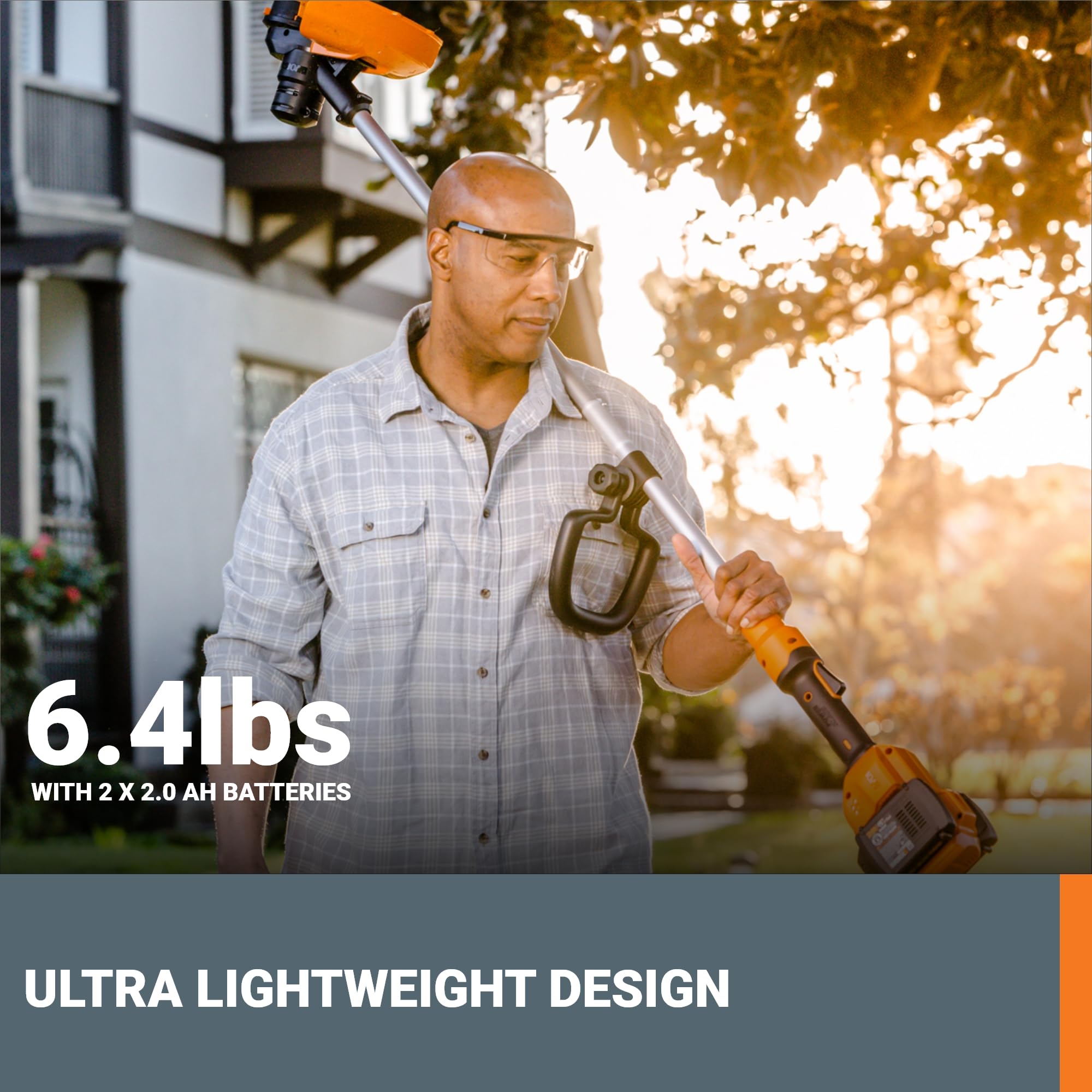 WORX trimmer held by person to show compact size and ergonomic balance
