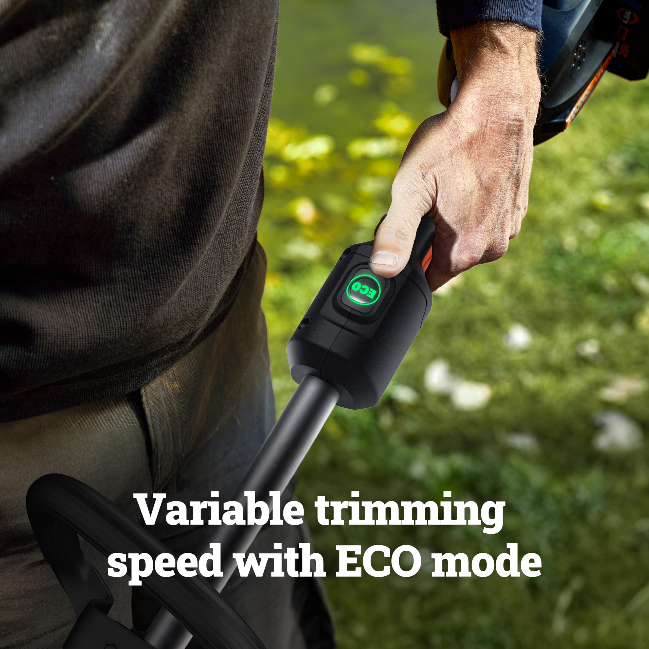WORX trimmer next to hand showing lightweight 9.42 lb scale for reduced fatigue