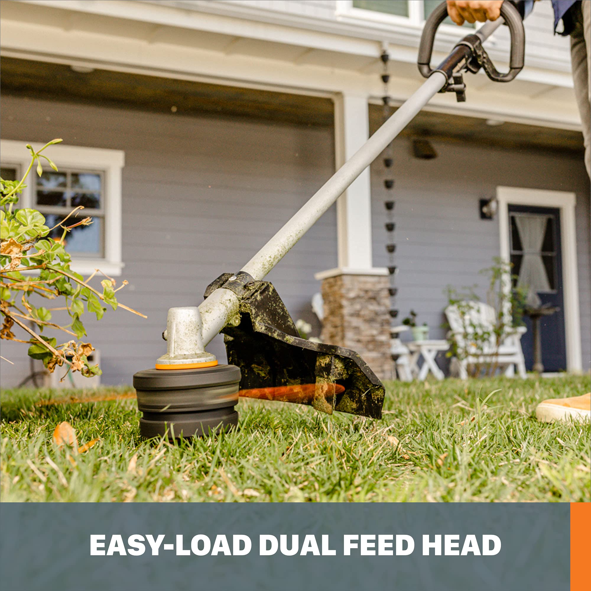 WORX WG186 close-up of easy-load trimmer head highlighting quick line changes and reliability