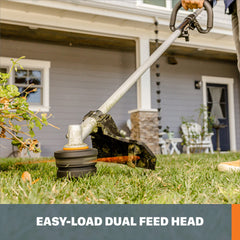 WORX WG186 close-up of easy-load trimmer head highlighting quick line changes and reliability