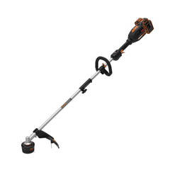 WORX WG186 front view showing 15-inch dual-exit head and ergonomic shaft for easier trimming