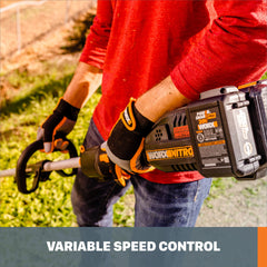 WORX WG186 next to a person to show scale and ergonomic balance for comfortable yard work