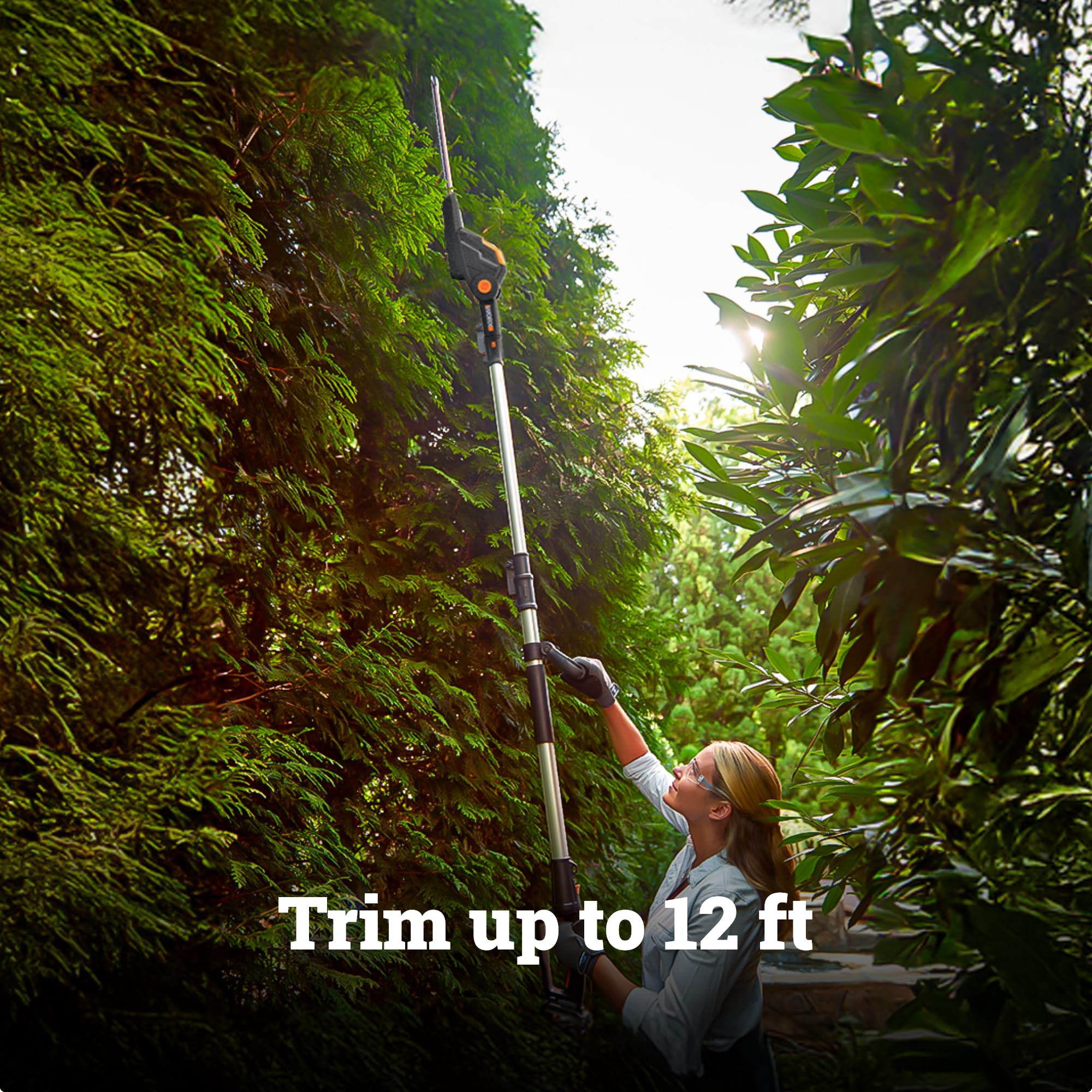 WORX WG252 telescopic pole fully extended to 12 feet for ladder-free trimming