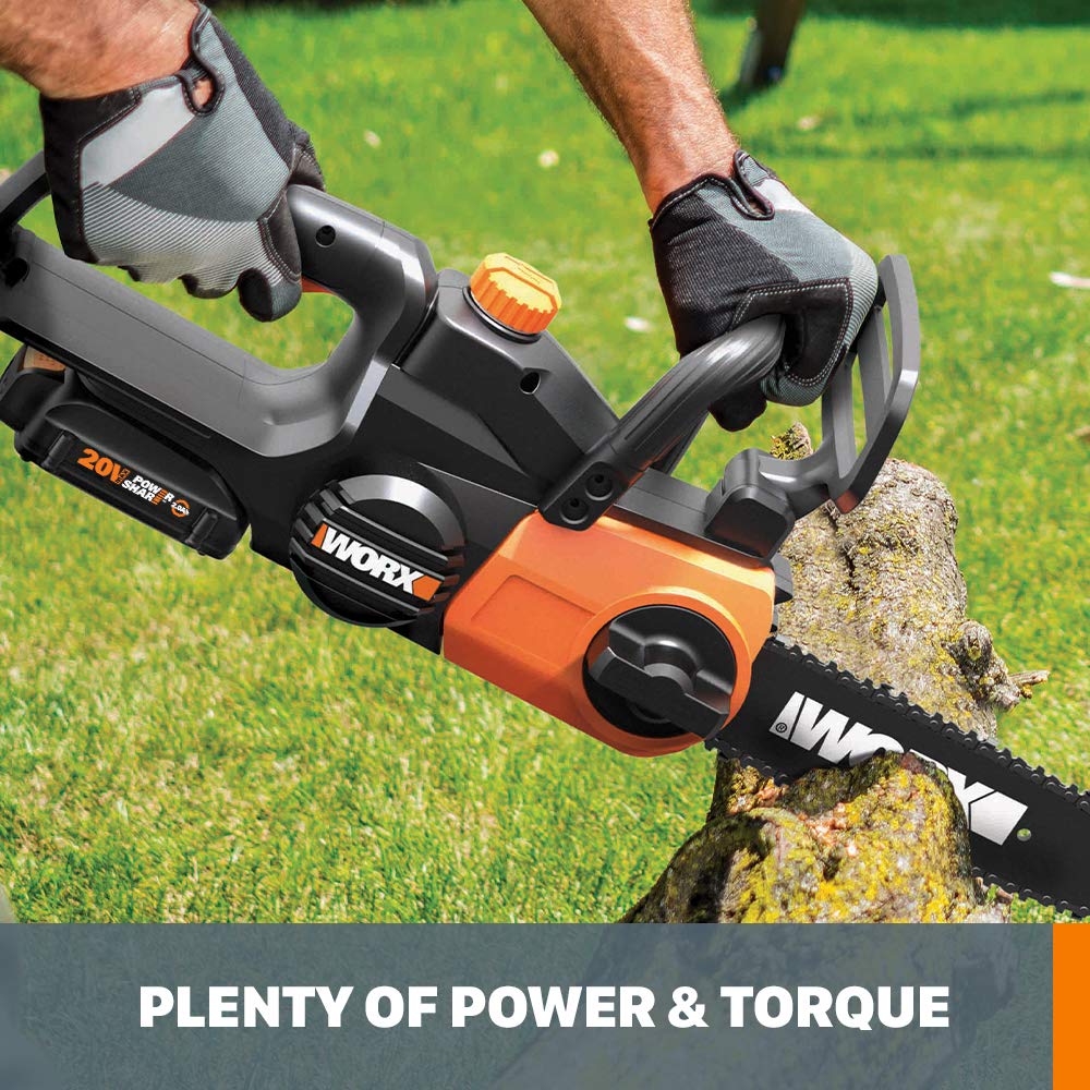 WORX chain and bar detail highlighting auto-tension reliability