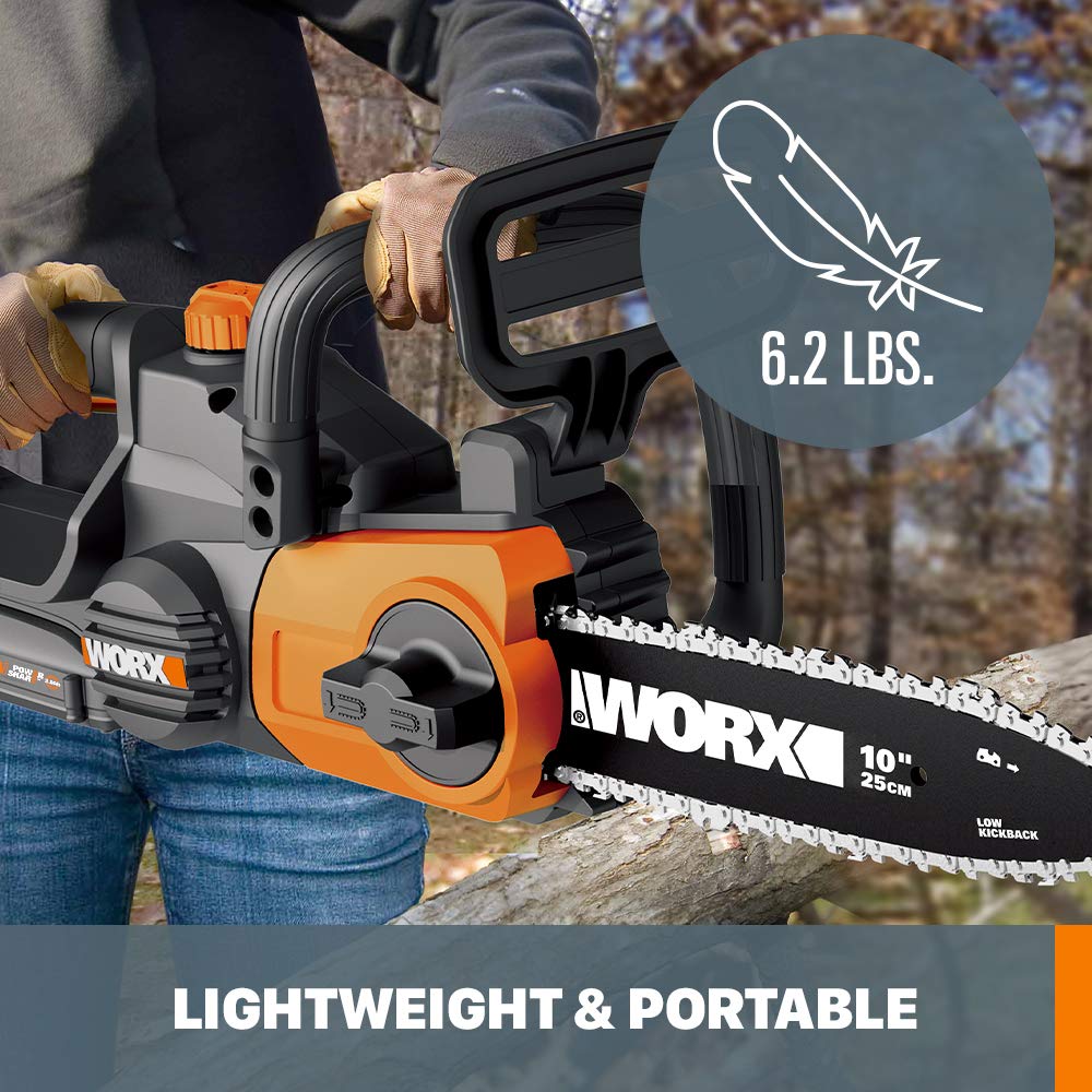 WORX saw cutting a limb illustrating fast, clean backyard cuts